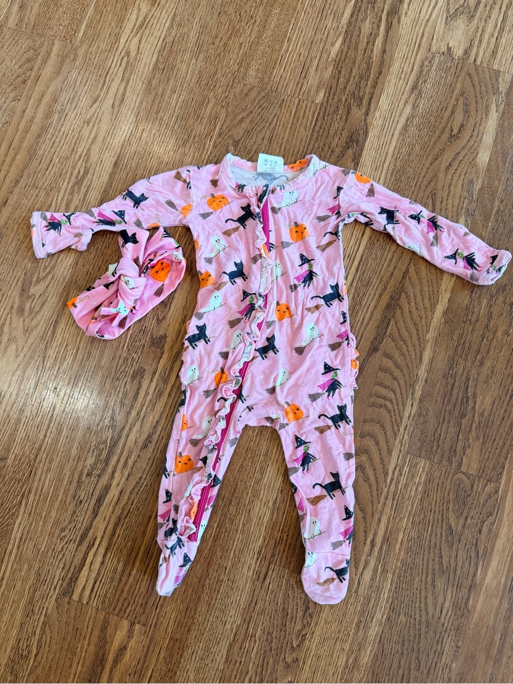 Pink Halloween Print Baby One-Piece pajama with Headband